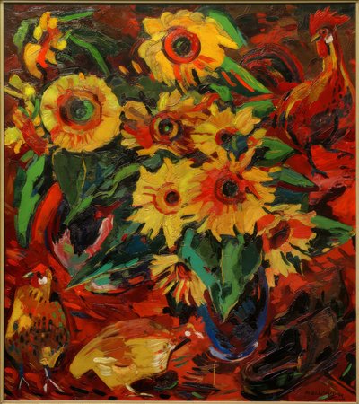 Still Life with Sunflowers and Chickens by Peter August Böckstiegel