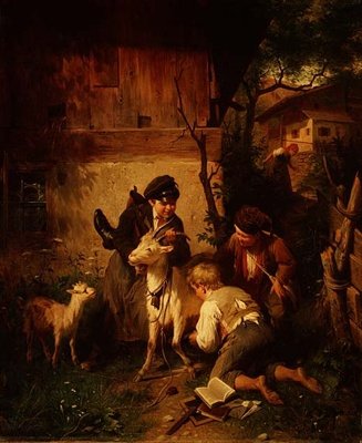 Boys Playing with a Goat by Peter Baumgartner