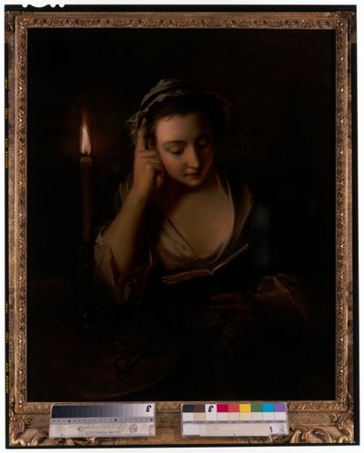 A young girl reading by candlelight by Philippe Mercier