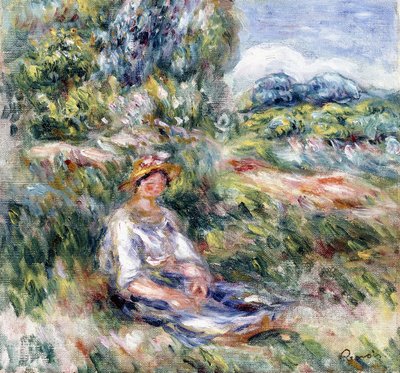 Young Woman Sitting in a Meadow by Pierre Auguste Renoir