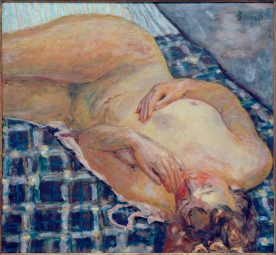 Reclining Nude, White and Blue Checkered Background by Pierre Bonnard