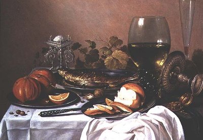 Still Life with Mackerel, Pumpkin and Bread by Pieter Claesz
