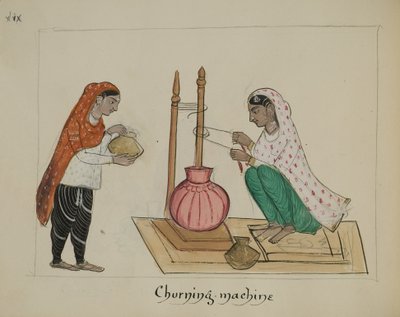 Two Women with a Churning Machine by Punjabi School