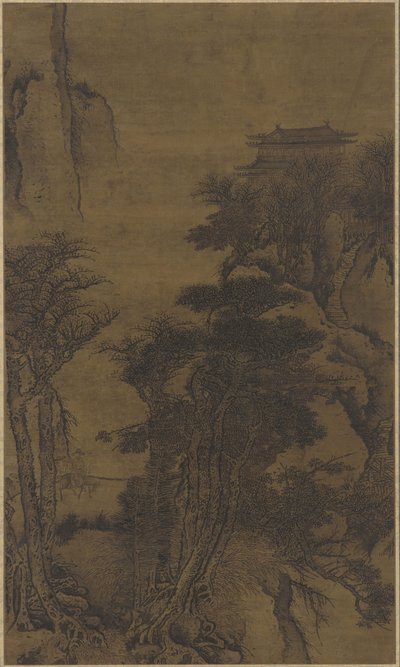 Landscape with temple and travellers by Qing Dynasty Chinese School