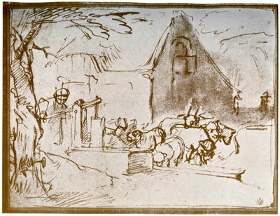 A farmyard scene by Rembrandt van Rijn