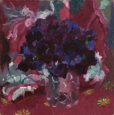 Blue pansies in a glass by René Fontayne