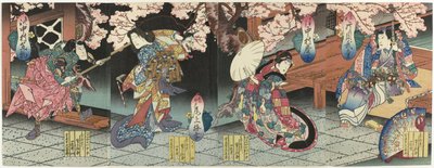 Four Actors Under Cherry Blossoms by Sadanobu (I) , Hasegawa