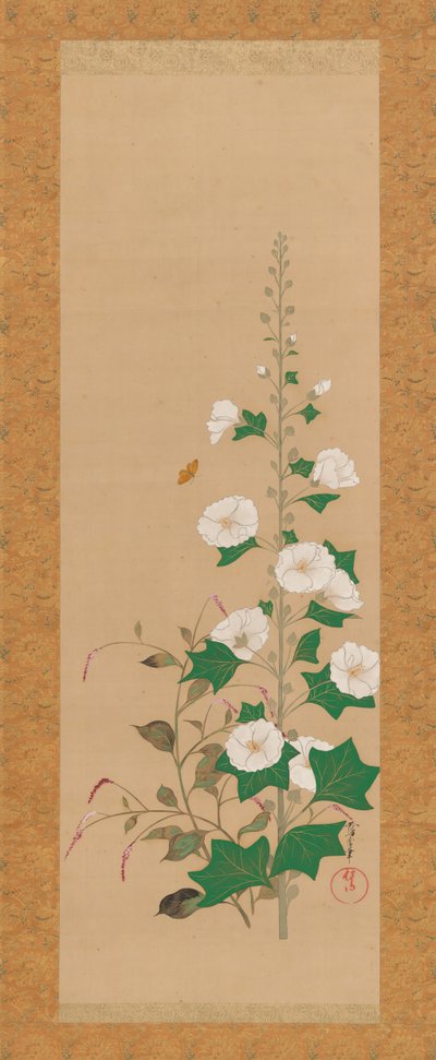 Hollyhocks and Princes-Feather Flowers by Sakai Oho