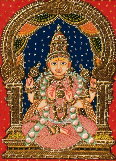 Emboss Goddess Saraswati, Tanjore Painting by School Indian