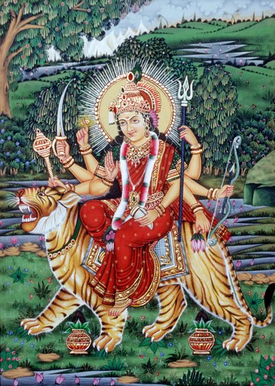 Goddess Durga Miniature Painting by School Indian