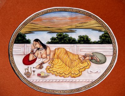 Lady Enjoying Drink Miniature Painting on Paper by School Indian