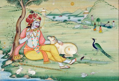 Miniature Painting of Krishna Playing Flute by School Indian