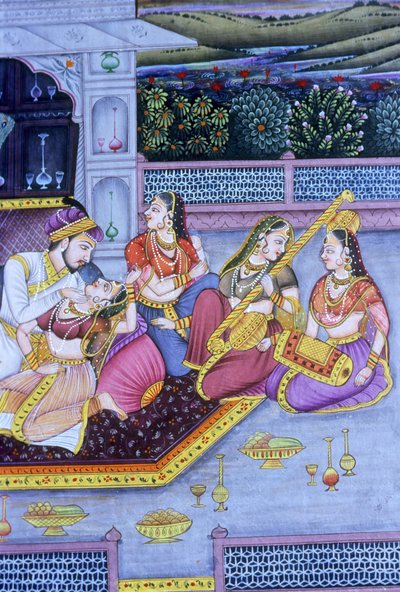 Mughal Miniature Painting on Paper, Love Scene by School Indian