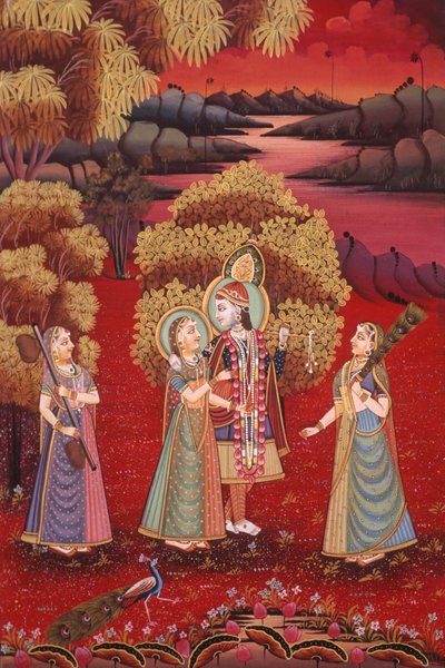 Radha Krishna Miniature Painting on Silk by School Indian