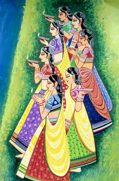 Women Holding Oil Lamp Miniature Painting, India by School Indian