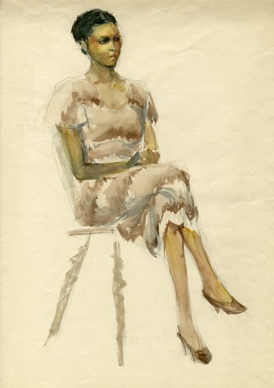 Seated woman in brown dress, c. 1952 by Shirley Markham