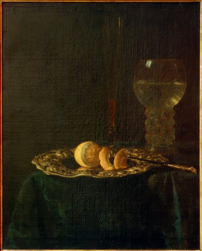 Banquet Still Life with Silver Plate, Lemons, Roemer and Flute by Simon Luttichuys