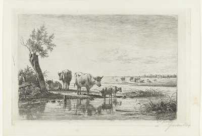 Pastoral Landscape with Cows by Water by Simon van den Berg