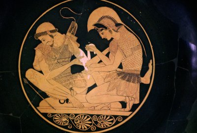 Greek vase painting of Achilles and Patroclus by Sosias