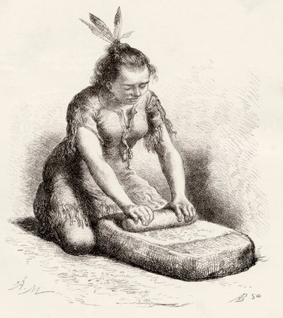 A native Guayan woman crushing grain by Spanish School