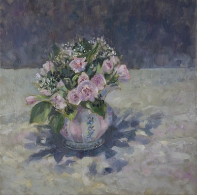 Pinks in stripey jug by Sue Wales