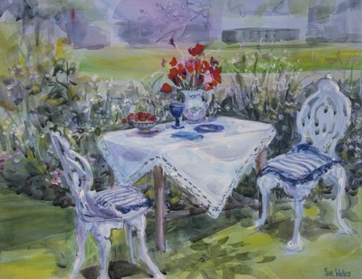 Poppies & white cloth by Sue Wales