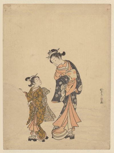 Young woman and girl with snowball by Suzuki Harunobu