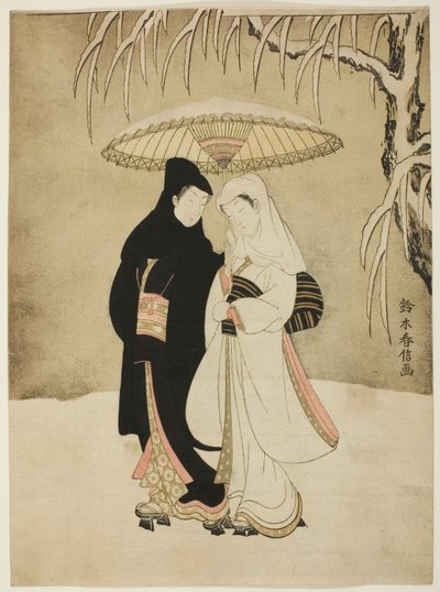 Lovers Beneath an Umbrella in the Snow by Suzuki Harunobu