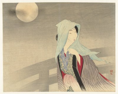 Veiled Woman on a Bridge by Moonlight by Takeuchi Keishū