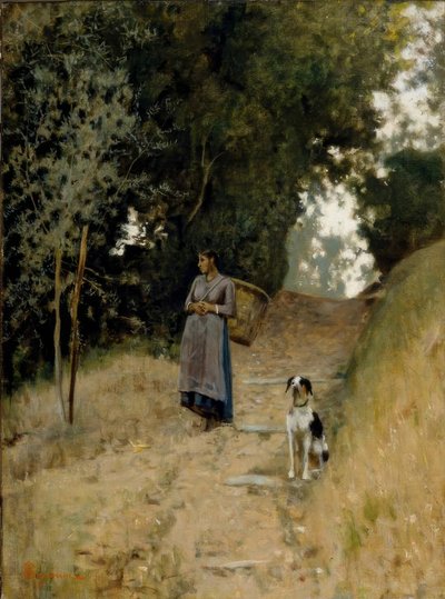 Peasant Woman with Carrying Basket and Dog by Telemaco Signorini