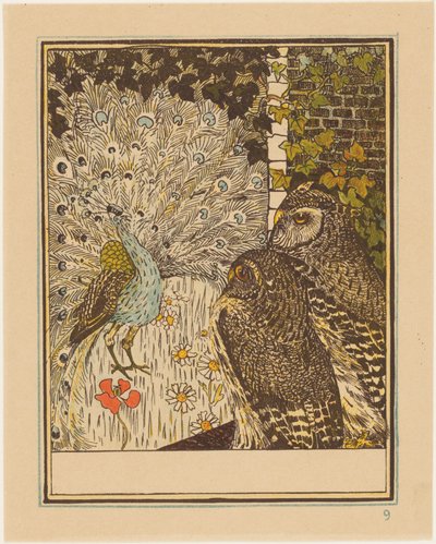 Peacock Displaying and Two Owls by Theo van Hoytema