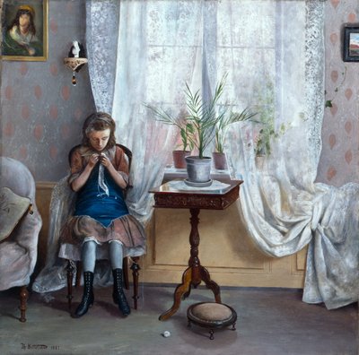 Interior with Girl Crocheting by Theodor Kittelsen