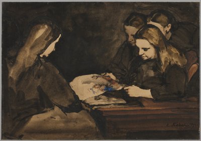 Four Girls Studying a Drawing by Theodule Ribot