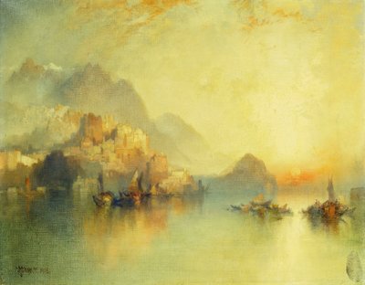 A Hillside Village at Sunset by Thomas Moran