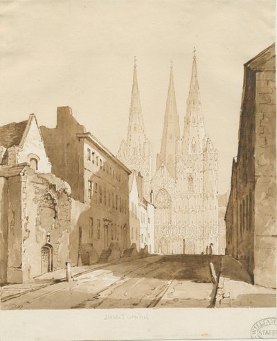 Lichfield Cathedral: red-sepia drawing by Thomas Peploe Wood