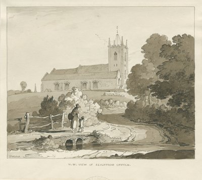Seighford Church: Sepia Wash Drawing by Thomas Peploe Wood