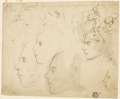 Sketches of Male Profiles, Couple Embracing by Thomas Stothard