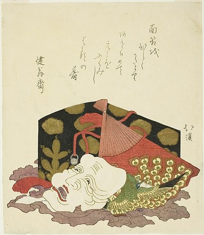 Lacquer Box, Fan, and Okina Mask by Totoya Hokkei