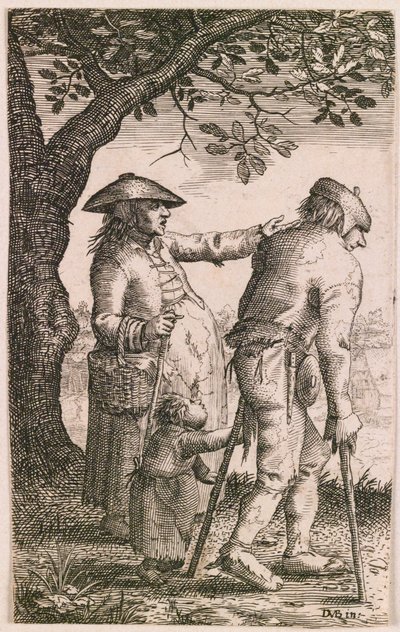 Beggar with Crutches, Woman and Child by Ubekendt