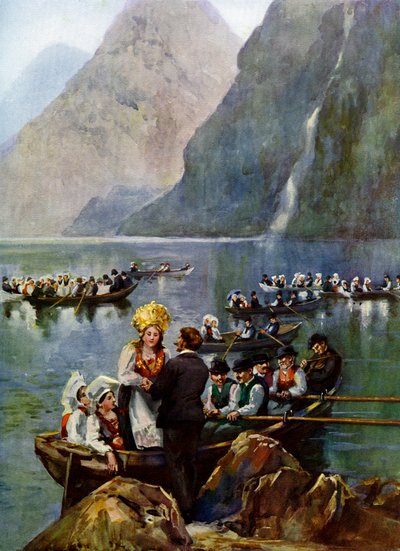 A wedding procession on boats, Norway by Unbekannt
