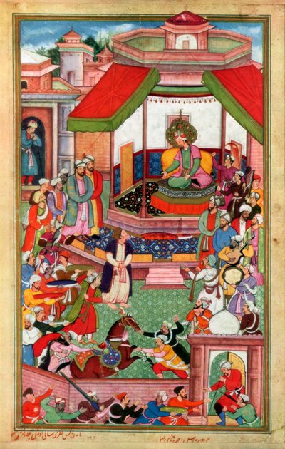 Abul-Fazl ibn Mubarak presenting the Akbarnama to Akbar by Unbekannt