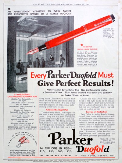 Advert for Parker pens, 1931 by Unbekannt