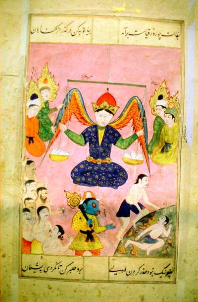 Arab manuscript depicting an angel weighing a soul by Unbekannt
