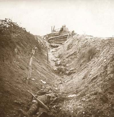 Destroyed Tank and Dead Body, Auberives, France by Unbekannt