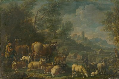 Herdsman with his Herd in Romantic Landscape by Unbekannt