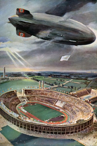 Hindenburg zeppelin above the Olympic Stadium, Berlin, 1936 by Unbekannt