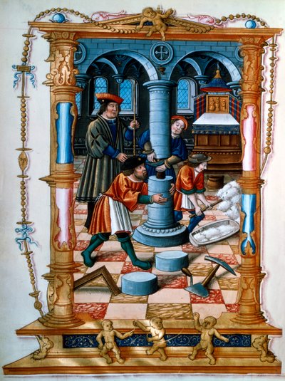 Masons building a pillar in a church by Unbekannt