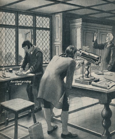 Newton Invents a New Telescope, c1934 by Unbekannt