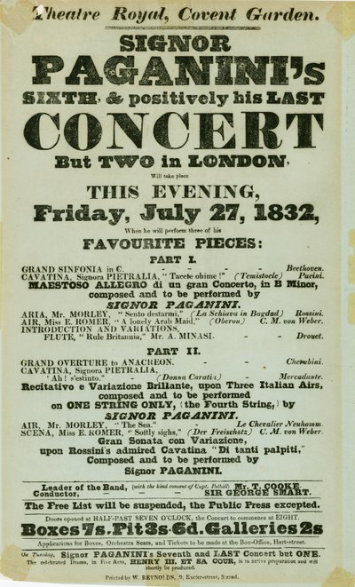 Niccolo Paganini - Playbill by Unbekannt