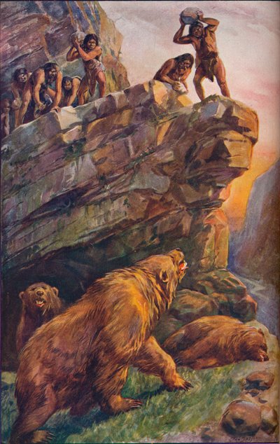 Prehistoric Men Attacking Great Cave Bears, 1907 by Unbekannt